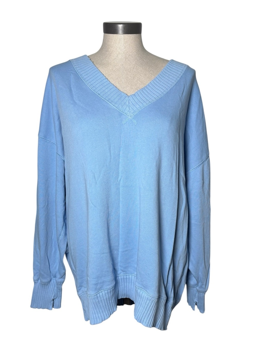 Aerie Blue Oversized V Neck Sweatshirt Medium 100% Cotton Lounge Pullover
